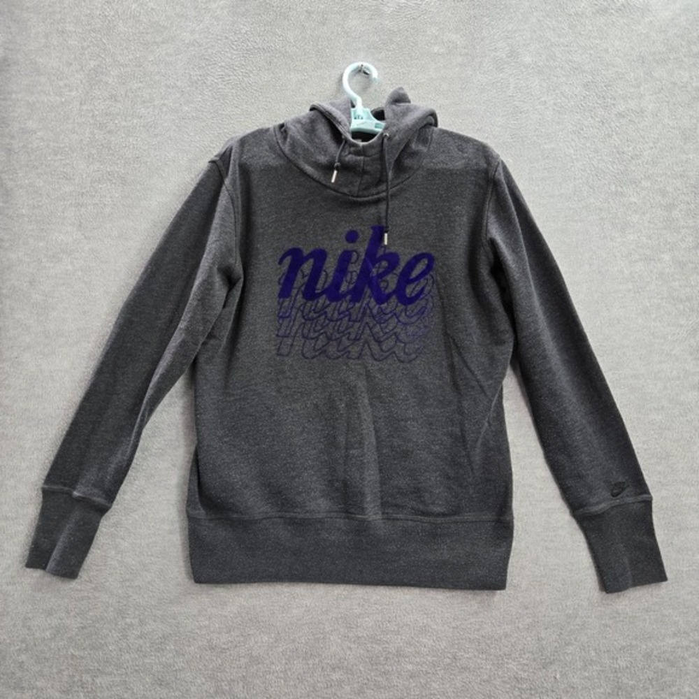 VINTAGE Nike Women Hoodie XL Gray Logo Graphic Print Long Sleeve Fleece